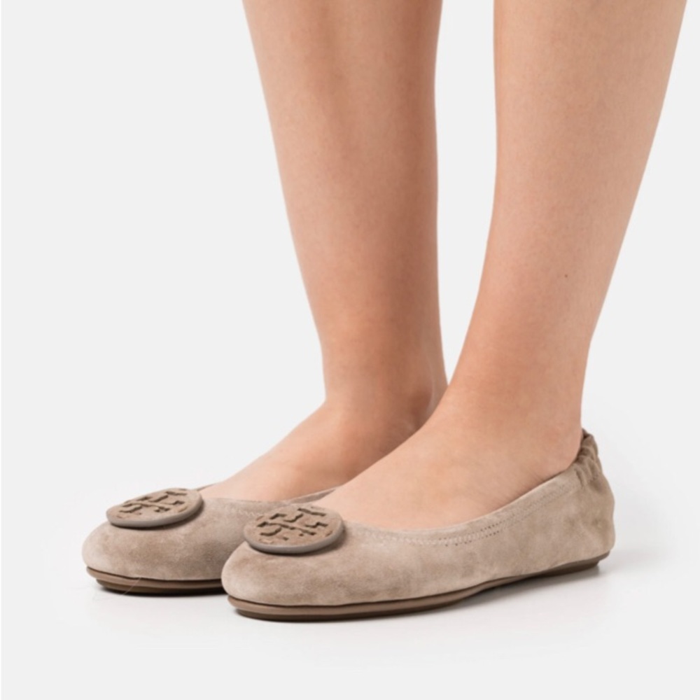 Tory Burch Minnie Suede Leather Travel Ballet Flat, Rocky Pebble